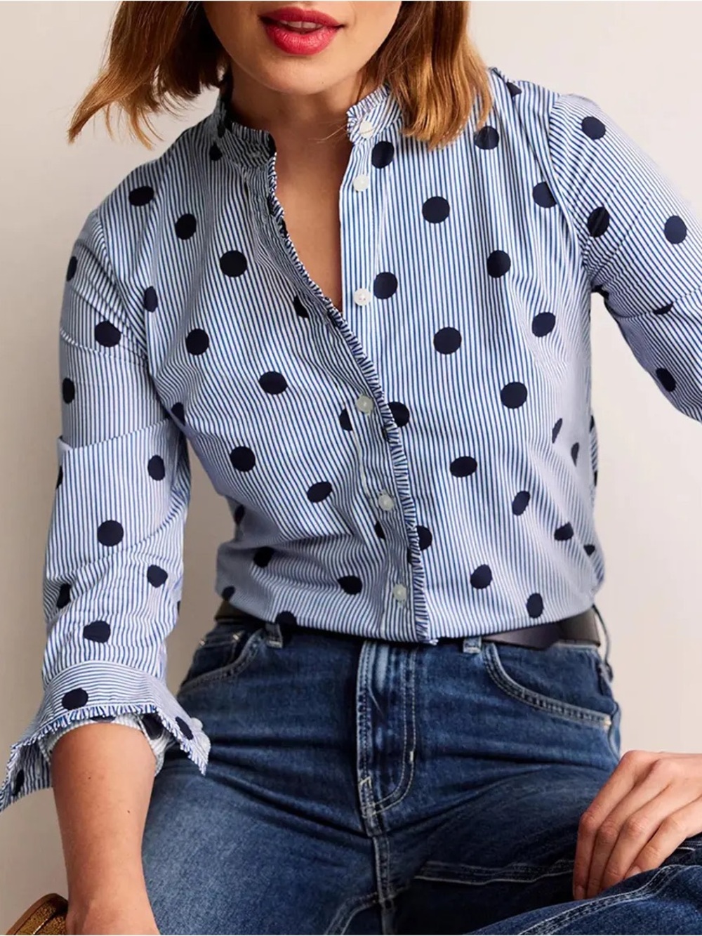 Boden Phoebe Navy Spot Stripe Polka Dot Ruffle Shirt US 6